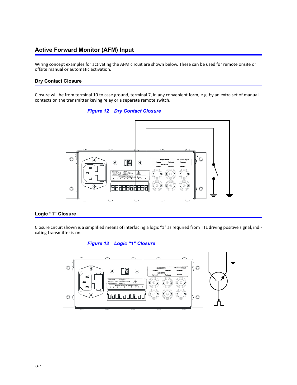 Active forward monitor (afm) input, Dry contact closure, Figure 12 dry contact closure | Logic “1" closure, Figure 13 logic “1" closure, Dry contact closure logic “1" closure | Bird Technologies 3171B020 User Manual | Page 44 / 49