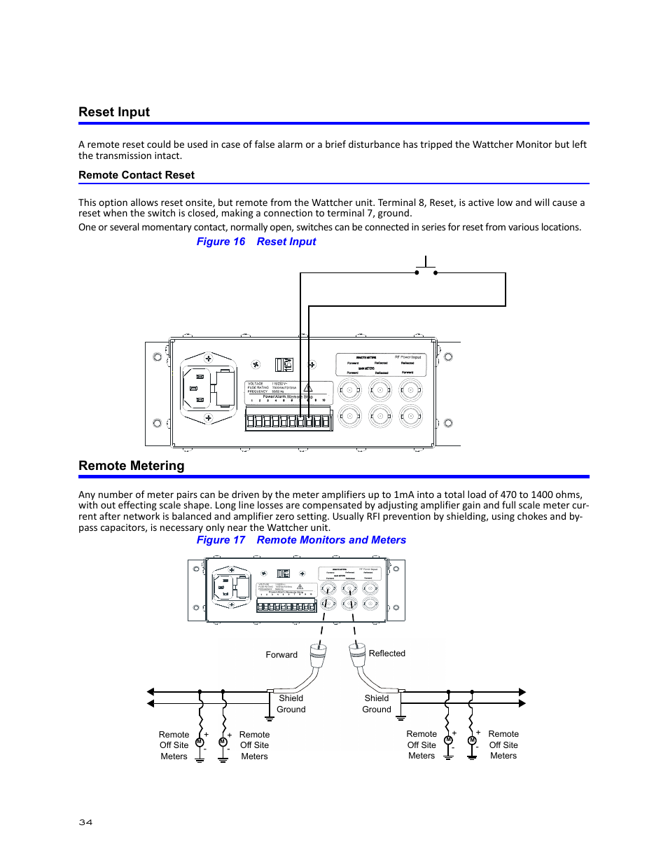 Reset input, Remote contact reset, Figure 16 reset input | Remote metering, Figure 17 remote monitors and meters | Bird Technologies 3171B020 User Manual | Page 46 / 49