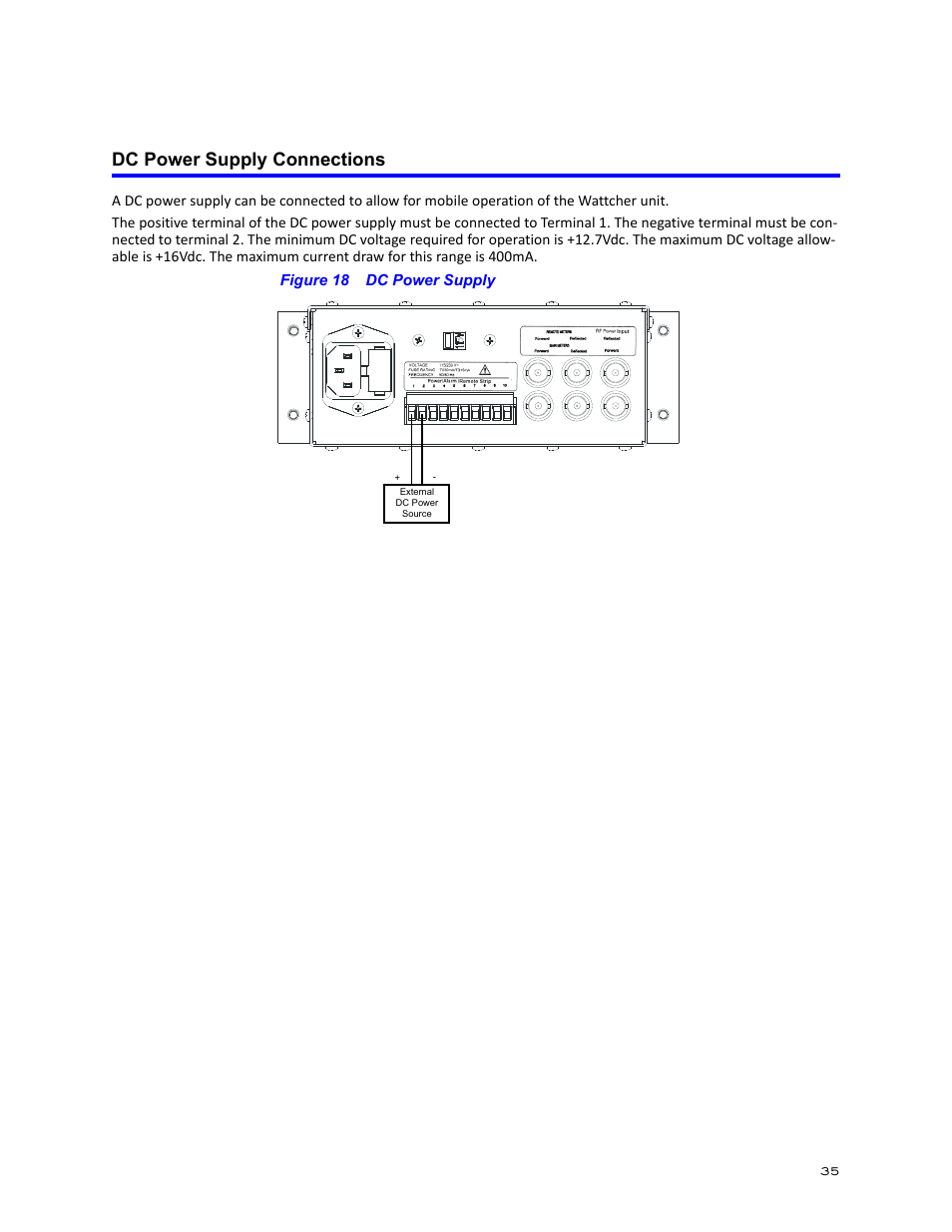 Dc power supply connections, Figure 18 dc power supply | Bird Technologies 3171B020 User Manual | Page 47 / 49