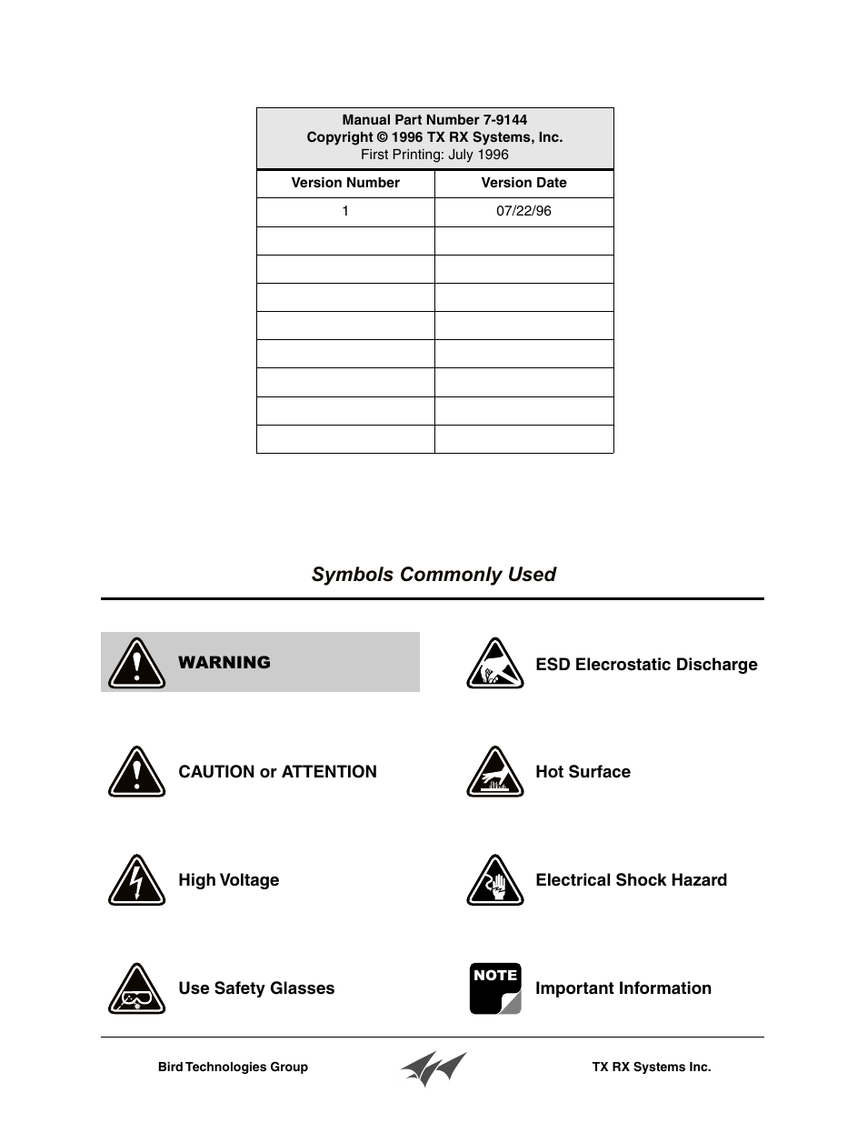 Manual part number 7-9144, Copyright © 1996 tx rx systems, inc, First printing: july 1996 | Version number, Version date, Symbols commonly used | Bird Technologies 15-69-01 User Manual | Page 3 / 16