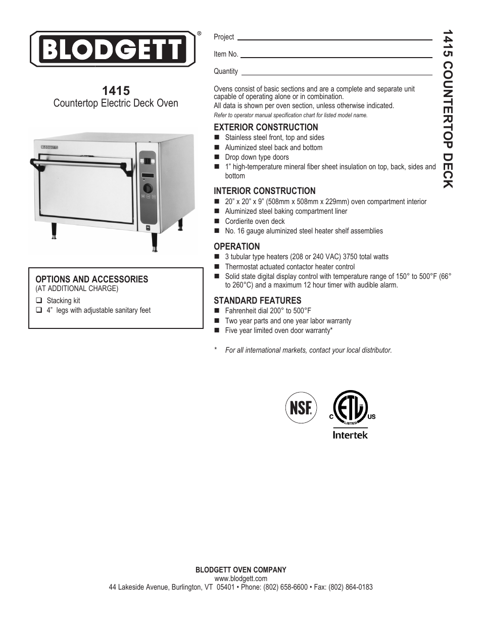 Blodgett 1415 User Manual | 2 pages