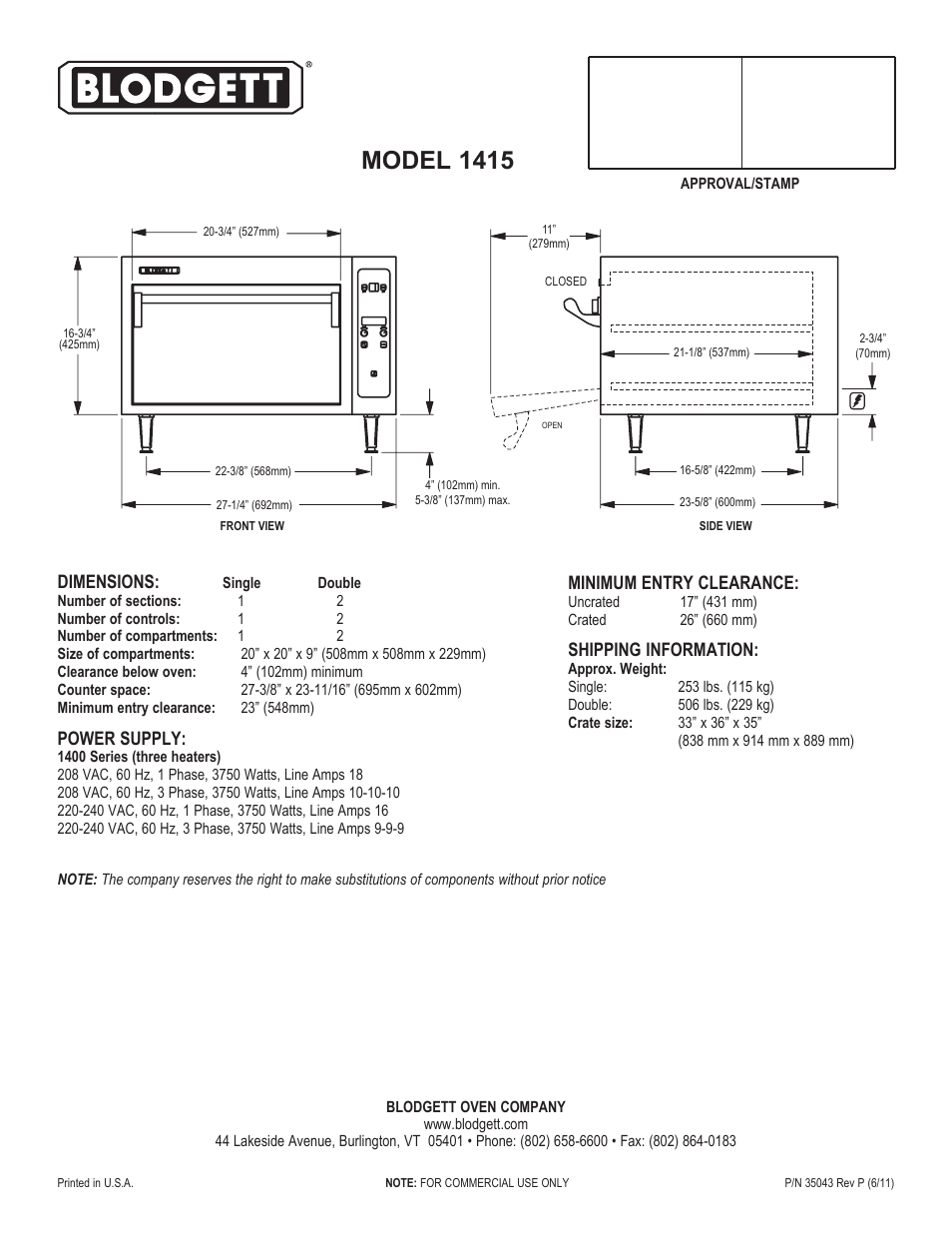 Model 1415, Dimensions, Power supply | Minimum entry clearance, Shipping information | Blodgett 1415 User Manual | Page 2 / 2
