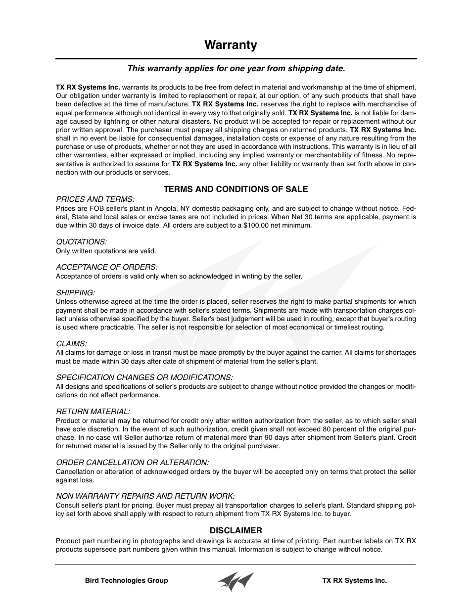 Warranty | Bird Technologies 15-88-01 User Manual | Page 2 / 16