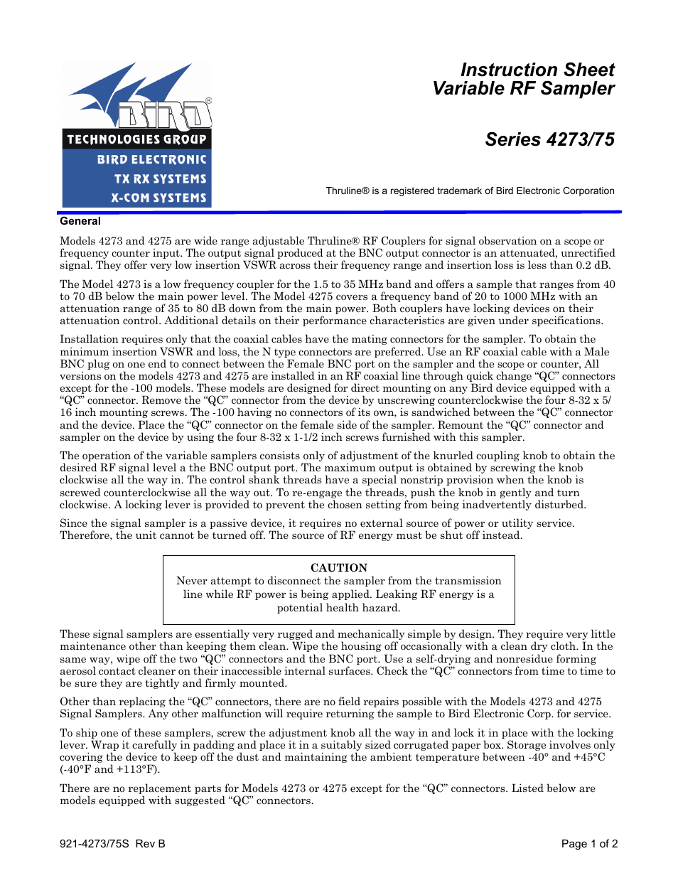 Bird Technologies 4275 Series User Manual | 2 pages