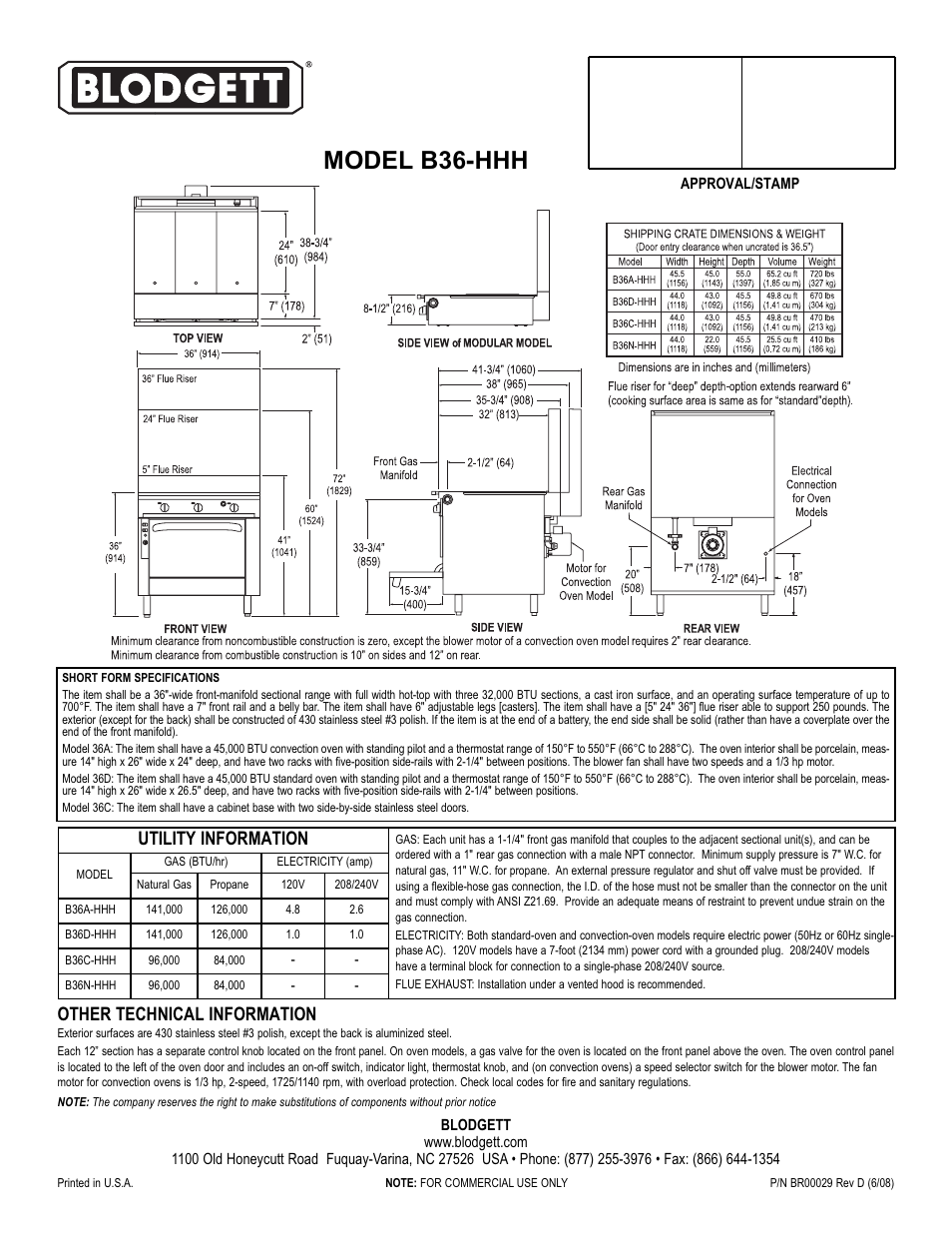 Model b36-hhh, Other technical information, Utility information | Blodgett B36-HHH User Manual | Page 2 / 2