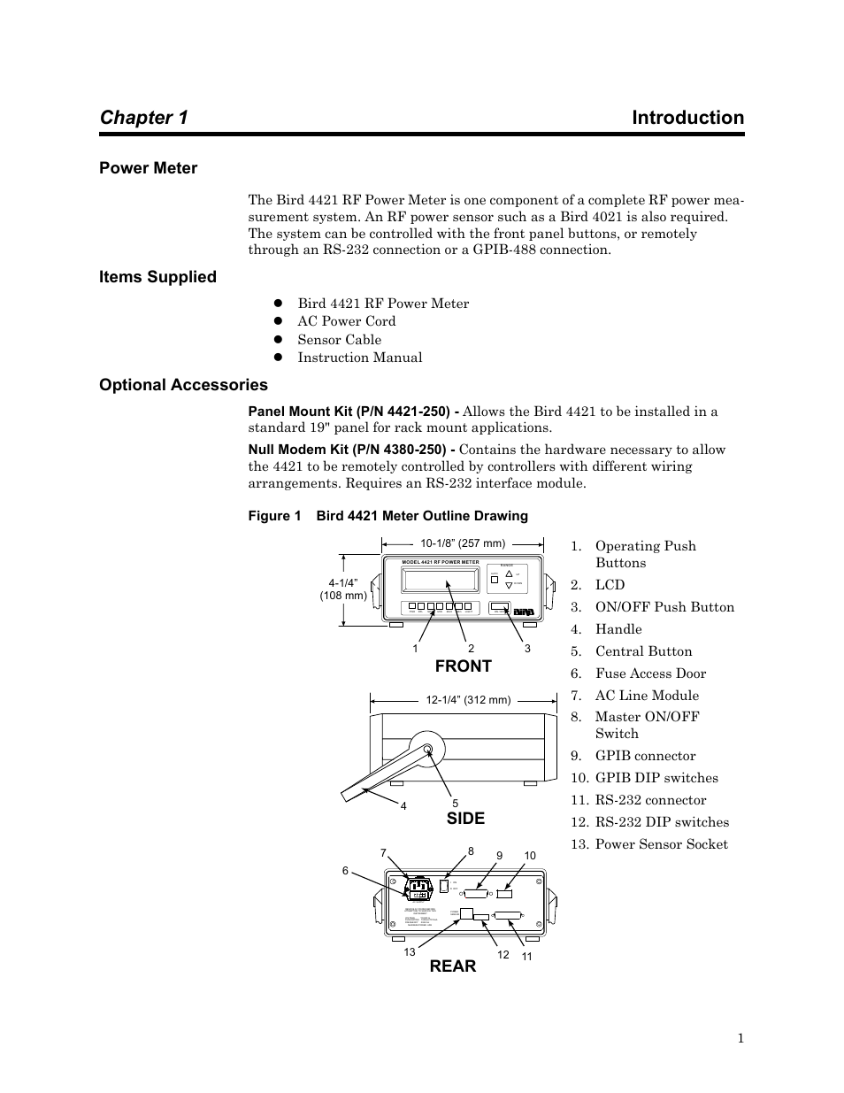 Chapter 1 introduction, Power meter, Items supplied | Optional accessories, Figure 1 bird 4421 meter outline drawing, Power meter items supplied optional accessories, Rear, Side, Front | Bird Technologies 4421 User Manual | Page 13 / 64
