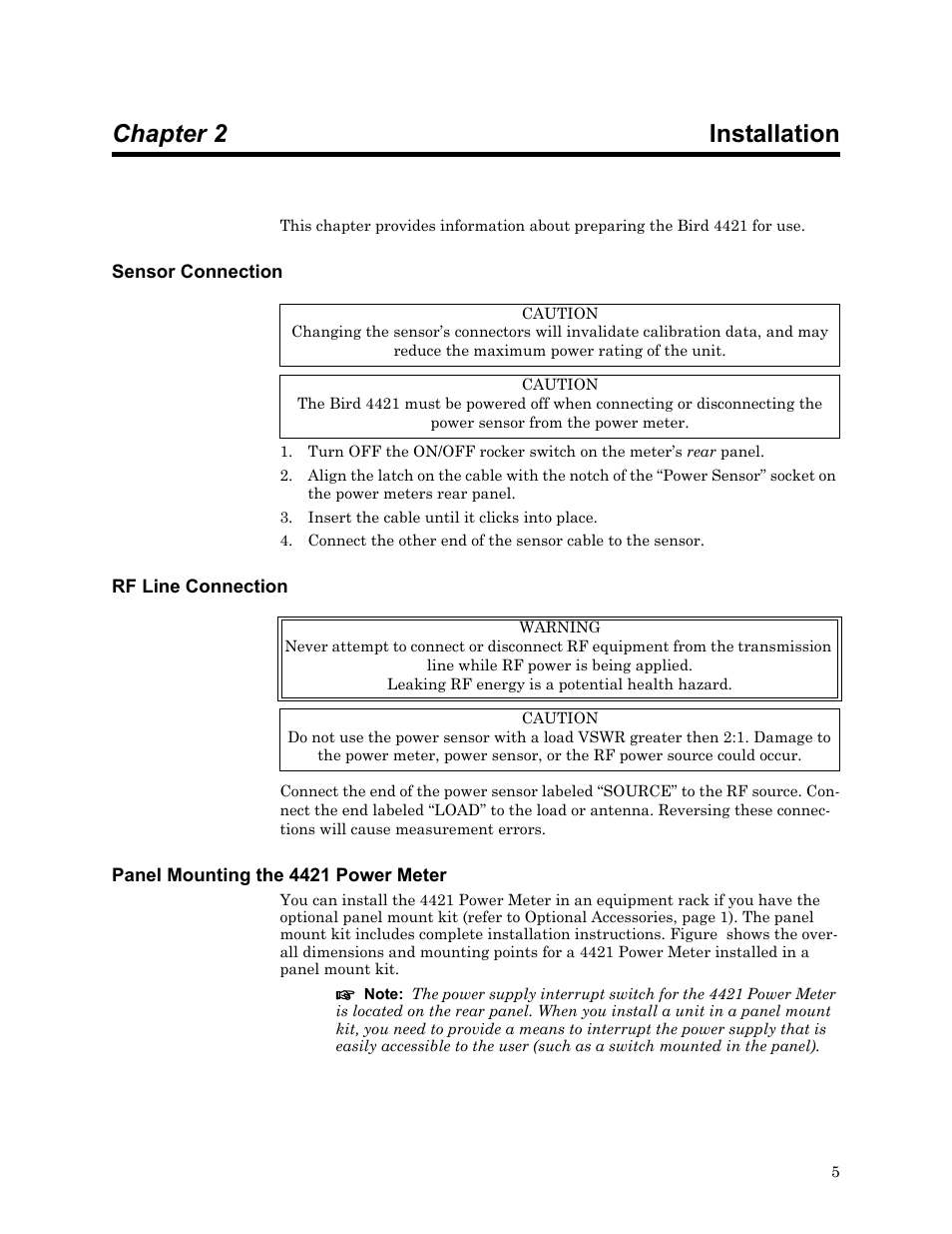 Chapter 2 installation, Sensor connection, Rf line connection | Panel mounting the 4421 power meter | Bird Technologies 4421 User Manual | Page 17 / 64