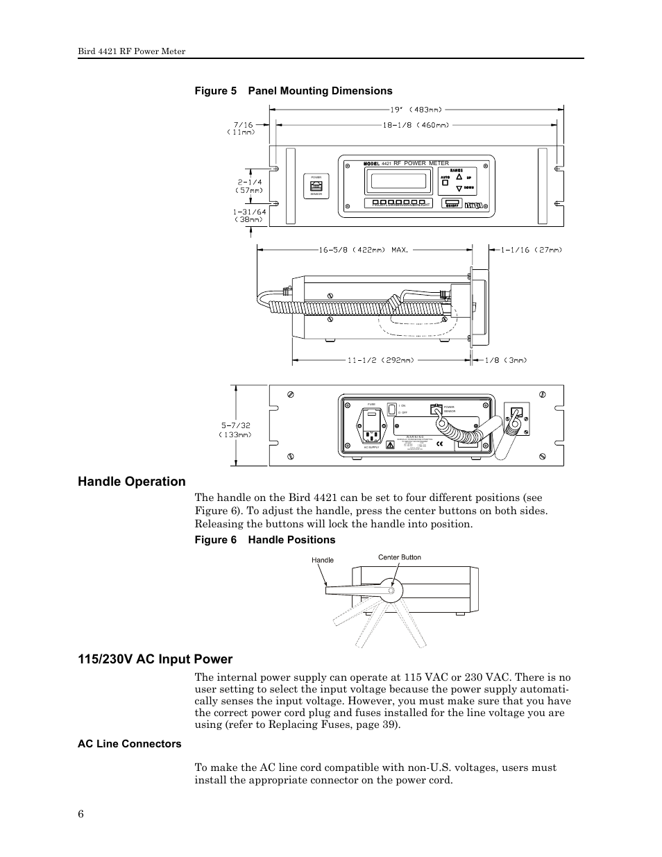 Figure 5 panel mounting dimensions, Handle operation, Figure 6 handle positions | 115/230v ac input power, Ac line connectors, Handle operation 115/230v ac input power, 6figure 5 panel mounting dimensions | Bird Technologies 4421 User Manual | Page 18 / 64