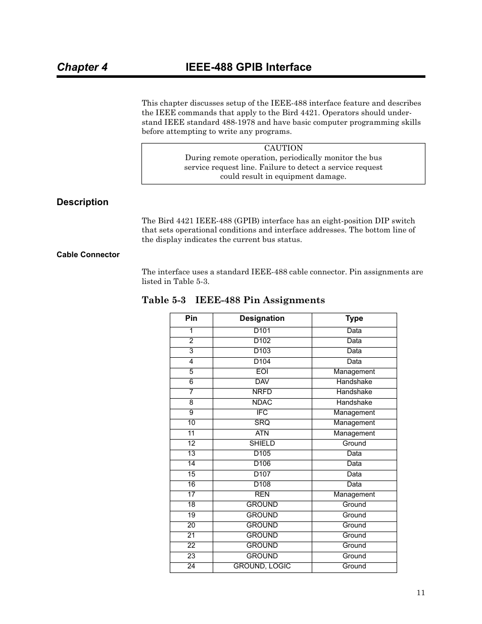 Chapter 4 ieee-488 gpib interface, Description, Cable connector | Table 5-3 ieee-488 pin assignments | Bird Technologies 4421 User Manual | Page 23 / 64