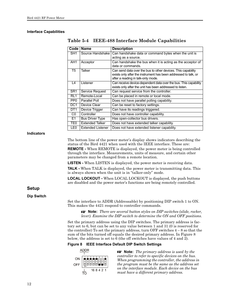Interface capabilities, Table 5-4 ieee-488 interface module capabilities, Indicators | Setup, Dip switch, Interface capabilities indicators | Bird Technologies 4421 User Manual | Page 24 / 64