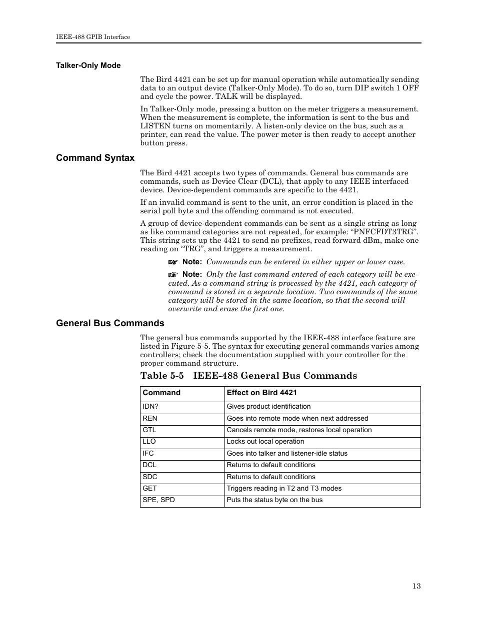 Talker-only mode, Command syntax, General bus commands | Table 5-5 ieee-488 general bus commands, Command syntax general bus commands | Bird Technologies 4421 User Manual | Page 25 / 64