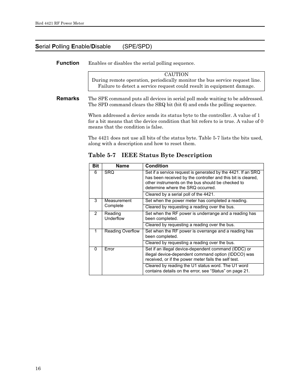 Table 5-7 ieee status byte description, D 16 | Bird Technologies 4421 User Manual | Page 28 / 64