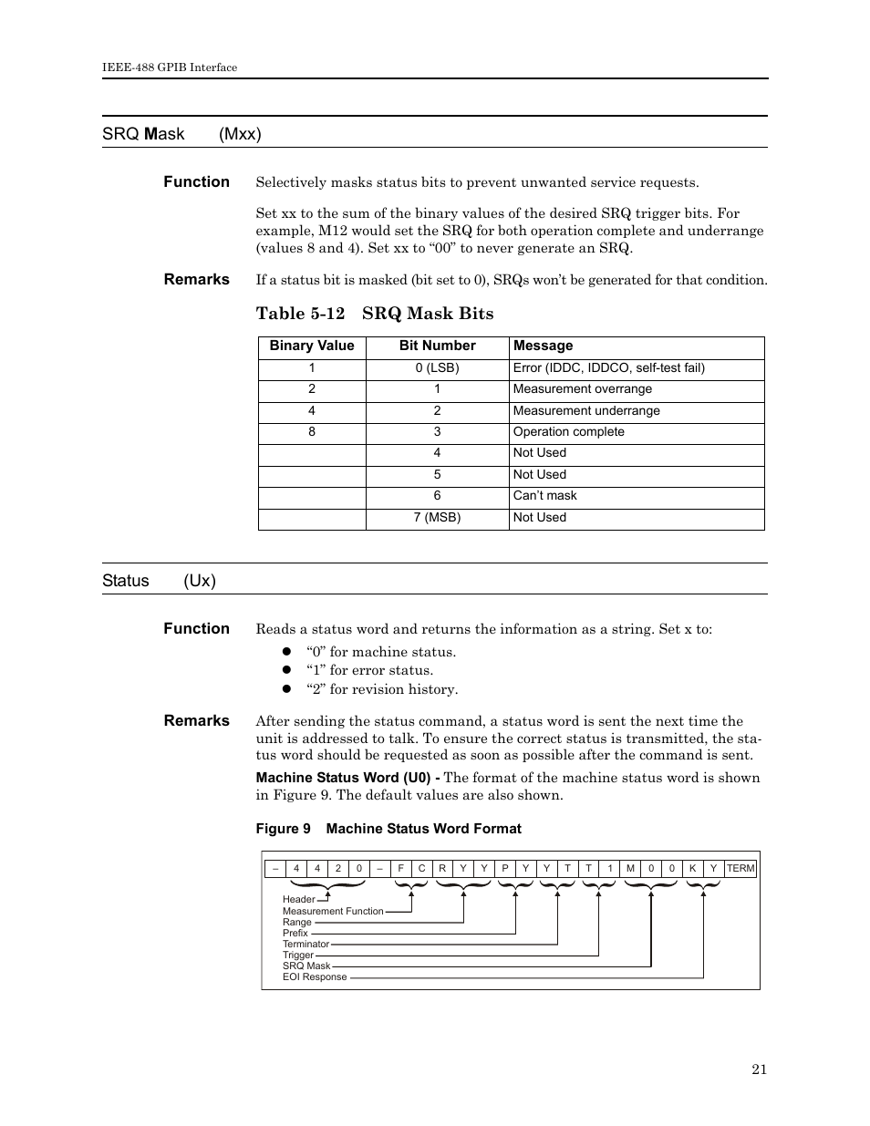 Table 5-12 srq mask bits, Figure 9 machine status word format, Srq m ask (mxx) | Table 5-12 srq mask bits status (ux), Function, Remarks | Bird Technologies 4421 User Manual | Page 33 / 64