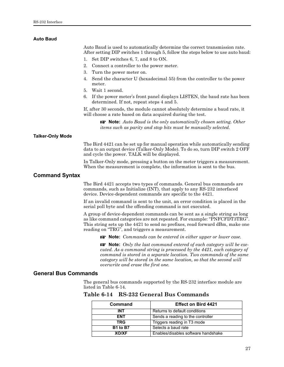 Auto baud, Talker-only mode, Command syntax | General bus commands, Table 6-14 rs-232 general bus commands, Auto baud talker-only mode, Command syntax general bus commands | Bird Technologies 4421 User Manual | Page 39 / 64