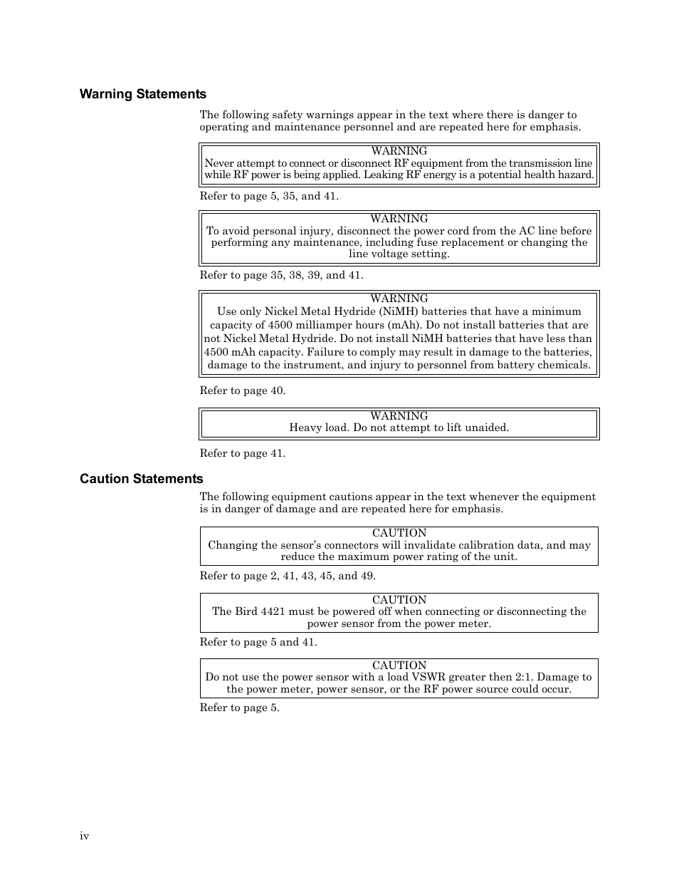 Warning statements, Caution statements | Bird Technologies 4421 User Manual | Page 4 / 64