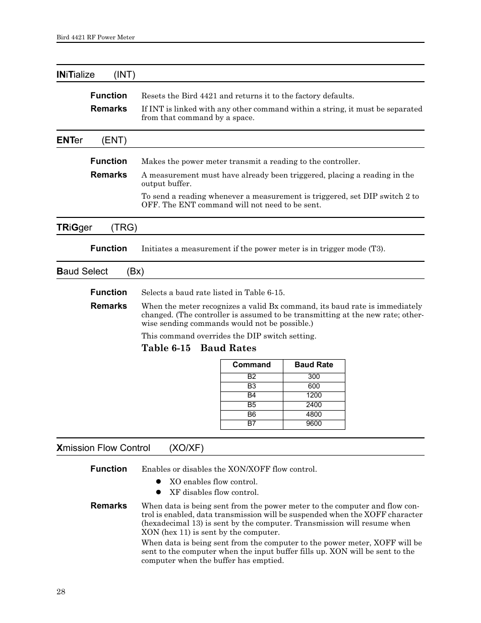 Table 6-15 baud rates | Bird Technologies 4421 User Manual | Page 40 / 64