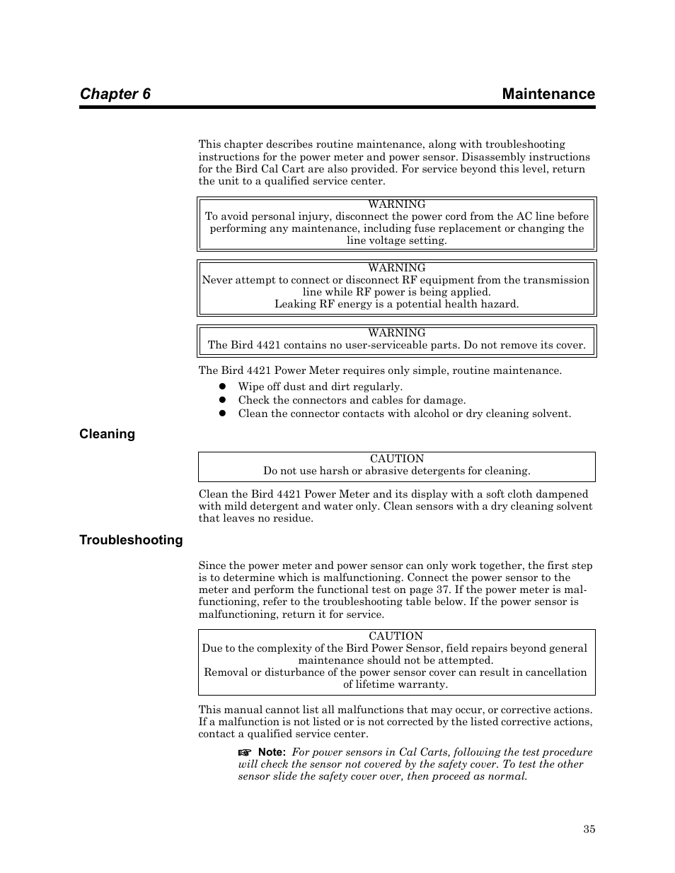 Chapter 6 maintenance, Cleaning, Troubleshooting | Cleaning troubleshooting | Bird Technologies 4421 User Manual | Page 47 / 64