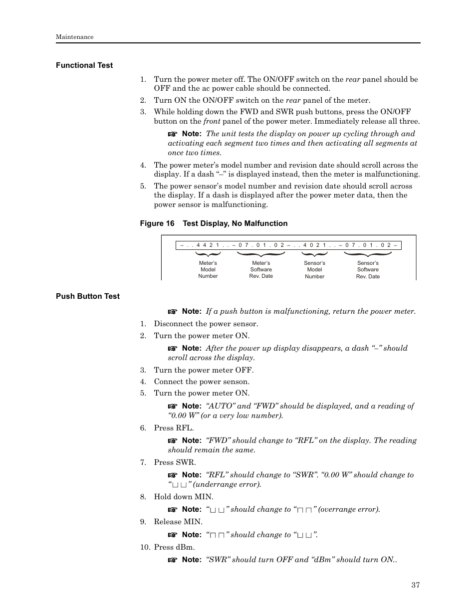 Functional test, Figure 16 test display, no malfunction, Push button test | Functional test push button test | Bird Technologies 4421 User Manual | Page 49 / 64