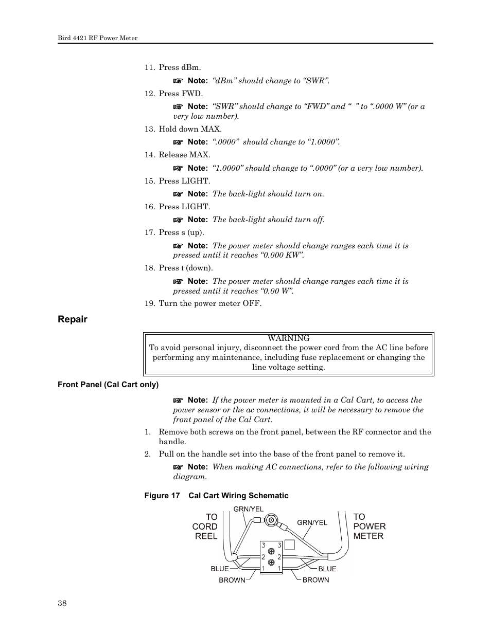 Repair, Front panel (cal cart only), Figure 17 cal cart wiring schematic | Bird Technologies 4421 User Manual | Page 50 / 64