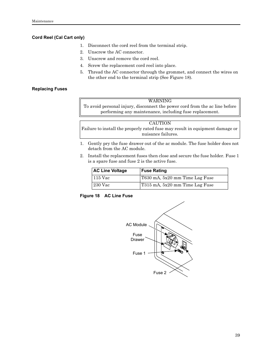 Cord reel (cal cart only), Replacing fuses, Figure 18 ac line fuse | Cord reel (cal cart only) replacing fuses | Bird Technologies 4421 User Manual | Page 51 / 64