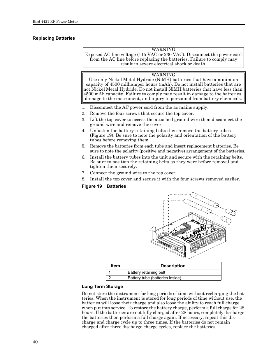 Replacing batteries, Figure 19 batteries, Replacing batteries long term storage | Bird Technologies 4421 User Manual | Page 52 / 64