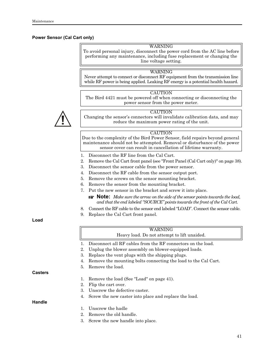 Power sensor (cal cart only), Note, Load | Casters, Handle, D 41, Power sensor (cal cart only) load casters handle | Bird Technologies 4421 User Manual | Page 53 / 64