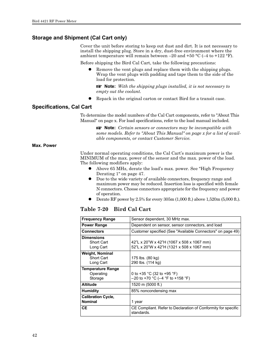 Storage and shipment (cal cart only), Specifications, cal cart, Max. power | Table 7-20 bird cal cart | Bird Technologies 4421 User Manual | Page 54 / 64