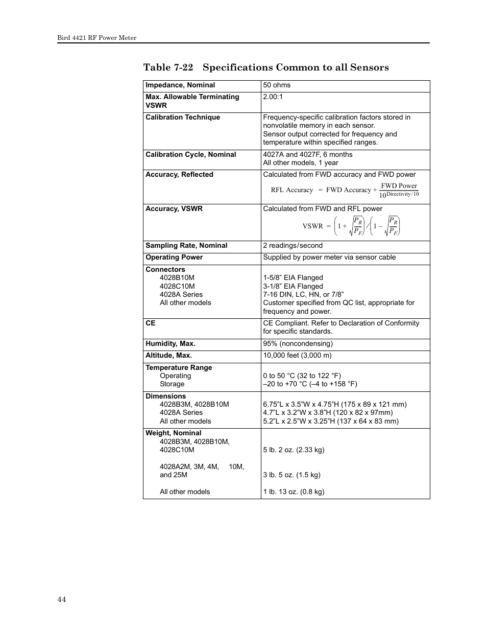 Table 7-22 specifications common to all sensors | Bird Technologies 4421 User Manual | Page 56 / 64