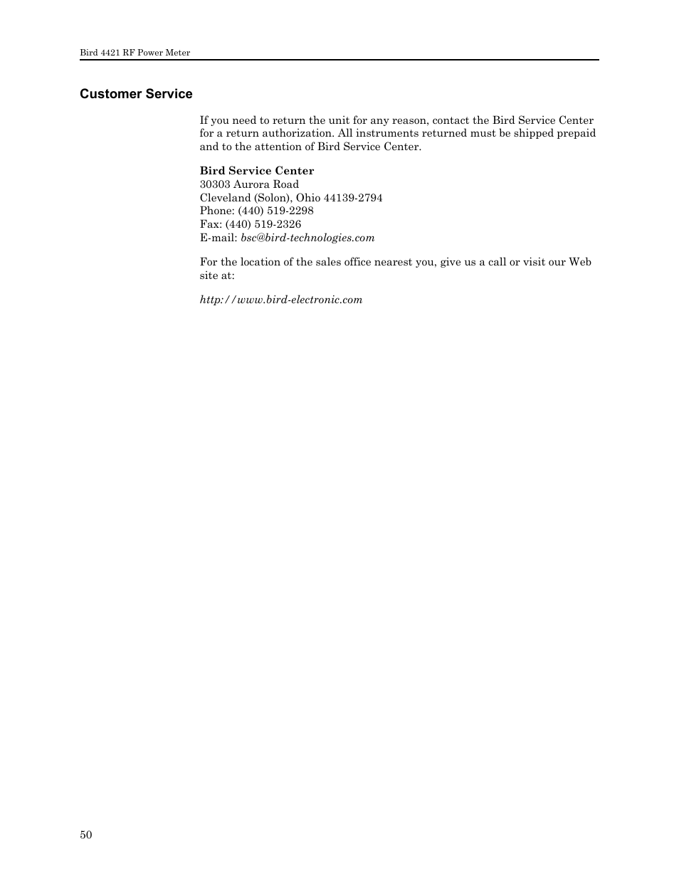 Customer service | Bird Technologies 4421 User Manual | Page 62 / 64