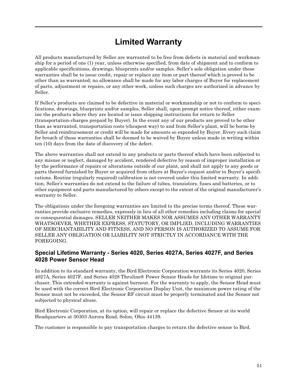 Limited warranty | Bird Technologies 4421 User Manual | Page 63 / 64