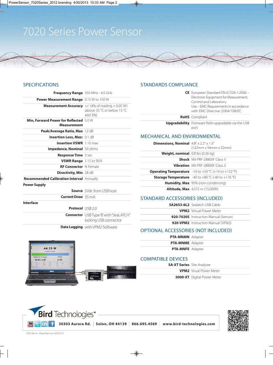 7020 series power sensor | Bird Technologies 7020 User Manual | Page 2 / 2