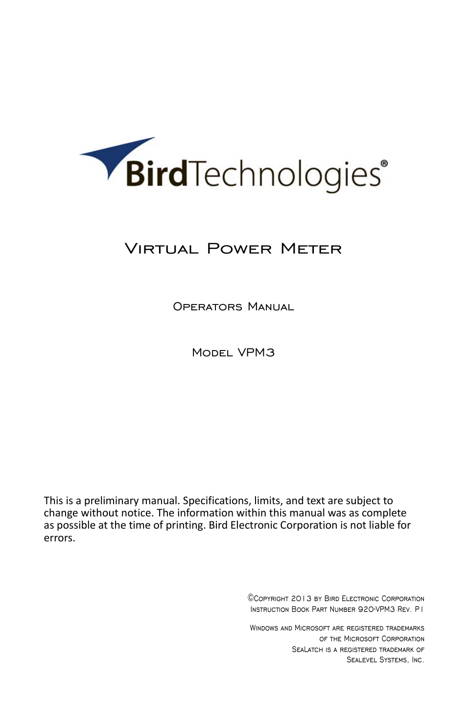 Bird Technologies VPM3 User Manual | 64 pages