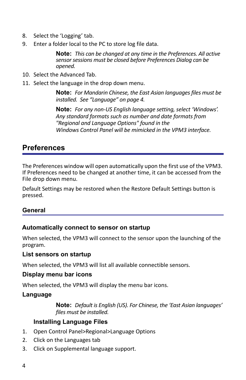 Preferences, General, Automatically connect to sensor on startup | List sensors on startup, Display menu bar icons, Language, Installing language files | Bird Technologies VPM3 User Manual | Page 12 / 64