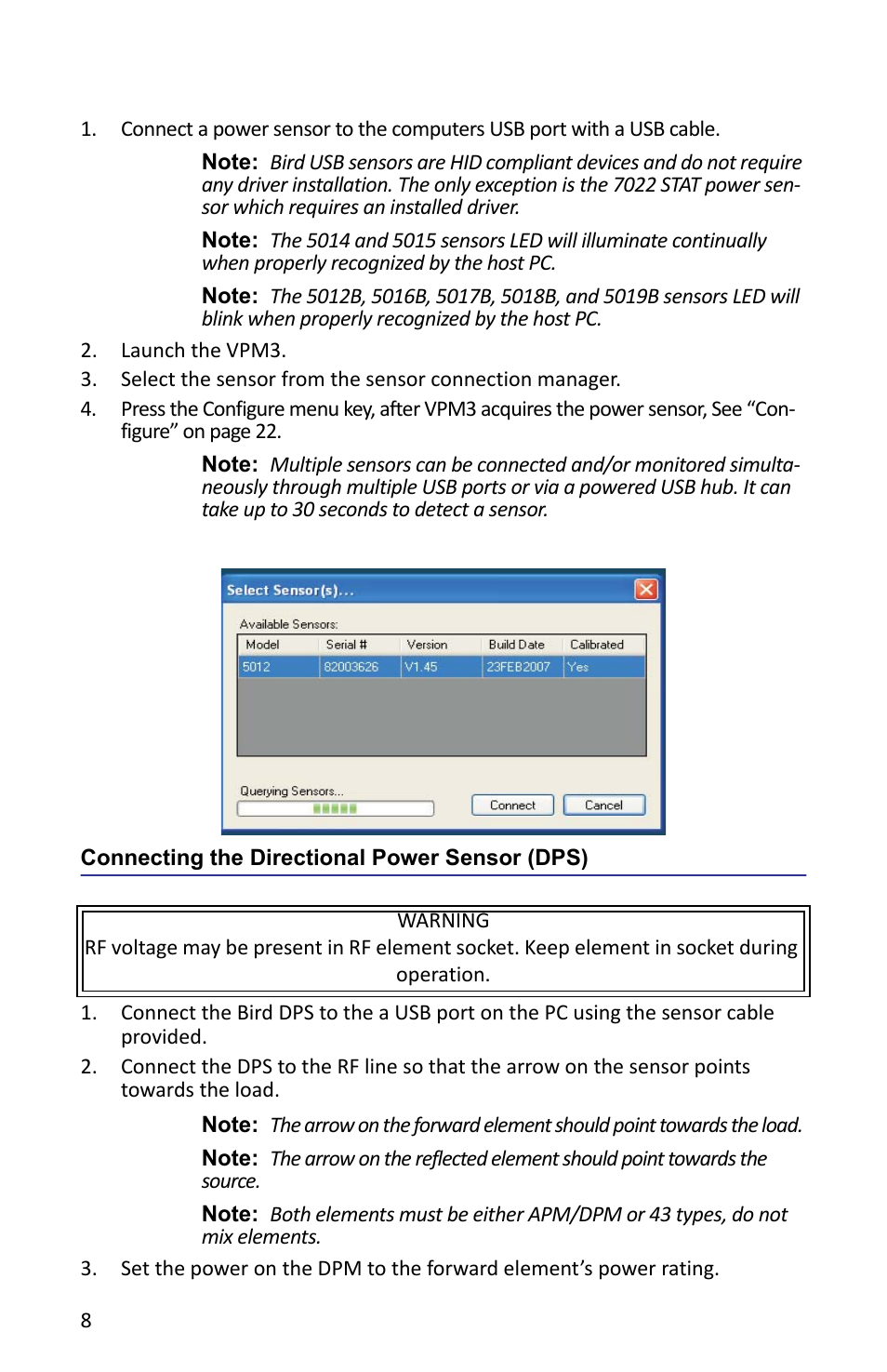 Figure 6 sensor connection manager, Connecting the directional power sensor (dps) | Bird Technologies VPM3 User Manual | Page 16 / 64