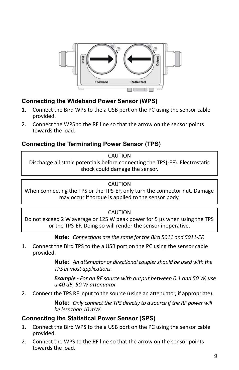 Figure 7 dps element orientation, Connecting the wideband power sensor (wps), Connecting the terminating power sensor (tps) | Connecting the statistical power sensor (sps) | Bird Technologies VPM3 User Manual | Page 17 / 64