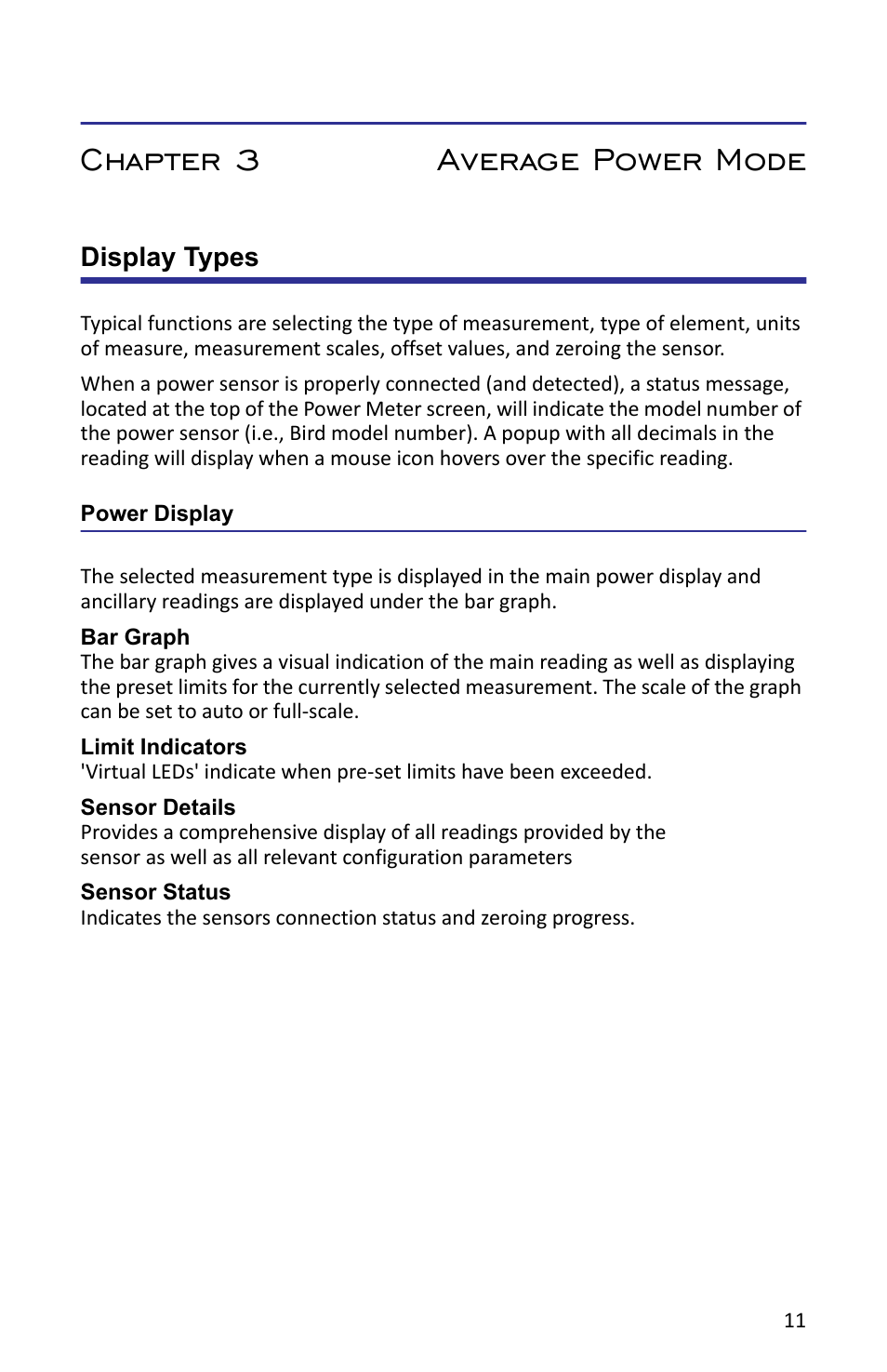 Chapter 3 average power mode, Display types, Power display | Bar graph, Limit indicators, Sensor details, Sensor status | Bird Technologies VPM3 User Manual | Page 19 / 64