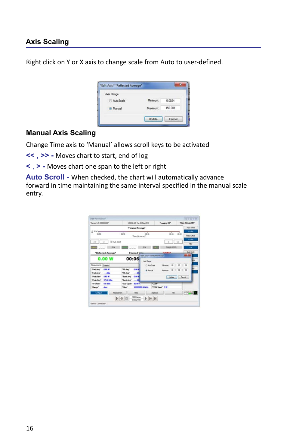 Axis scaling, Figure 13 chart display, changing scale, Manual axis scaling | Figure 14 chart display, manual axis scaling | Bird Technologies VPM3 User Manual | Page 24 / 64