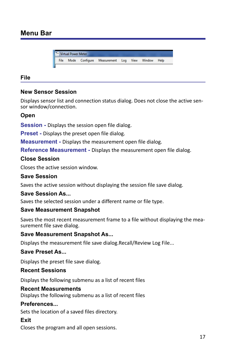 Menu bar, File, New sensor session | Open, Close session, Save session, Save session as, Save measurement snapshot, Save measurement snapshot as, Save preset as | Bird Technologies VPM3 User Manual | Page 25 / 64