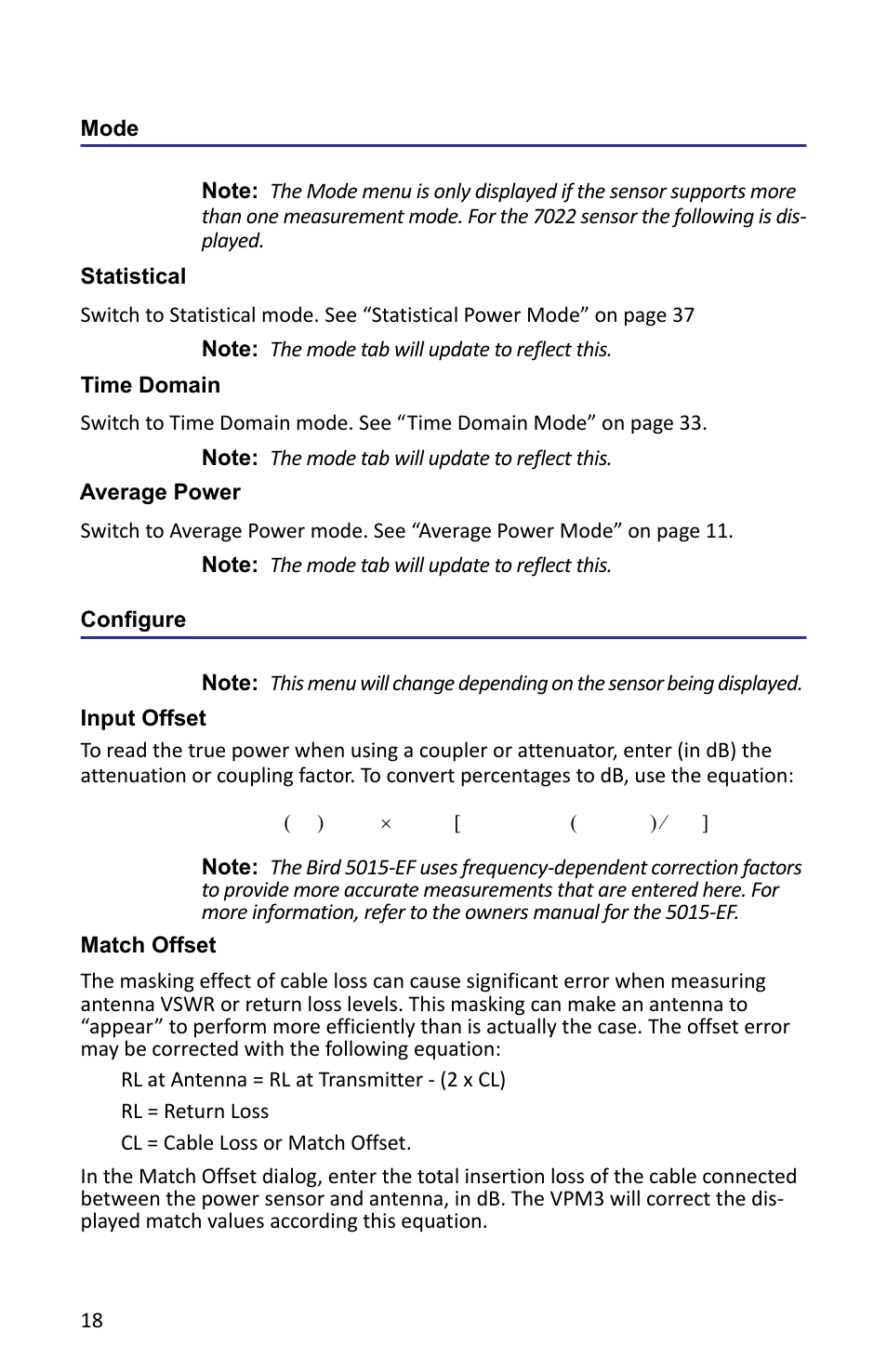 Mode, Statistical, Time domain | Average power, Configure, Input offset, Match offset | Bird Technologies VPM3 User Manual | Page 26 / 64