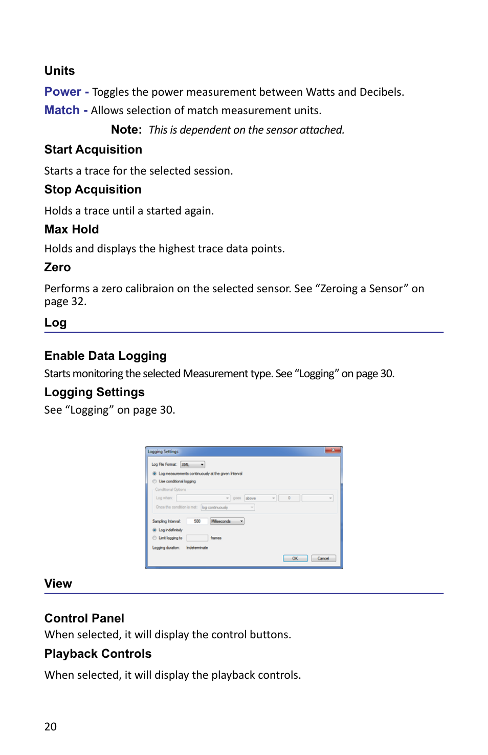 Units, Start acquisition, Stop acquisition | Max hold, Zero, Enable data logging, Logging settings, Figure 15 vpm, logging settings, View, Control panel | Bird Technologies VPM3 User Manual | Page 28 / 64