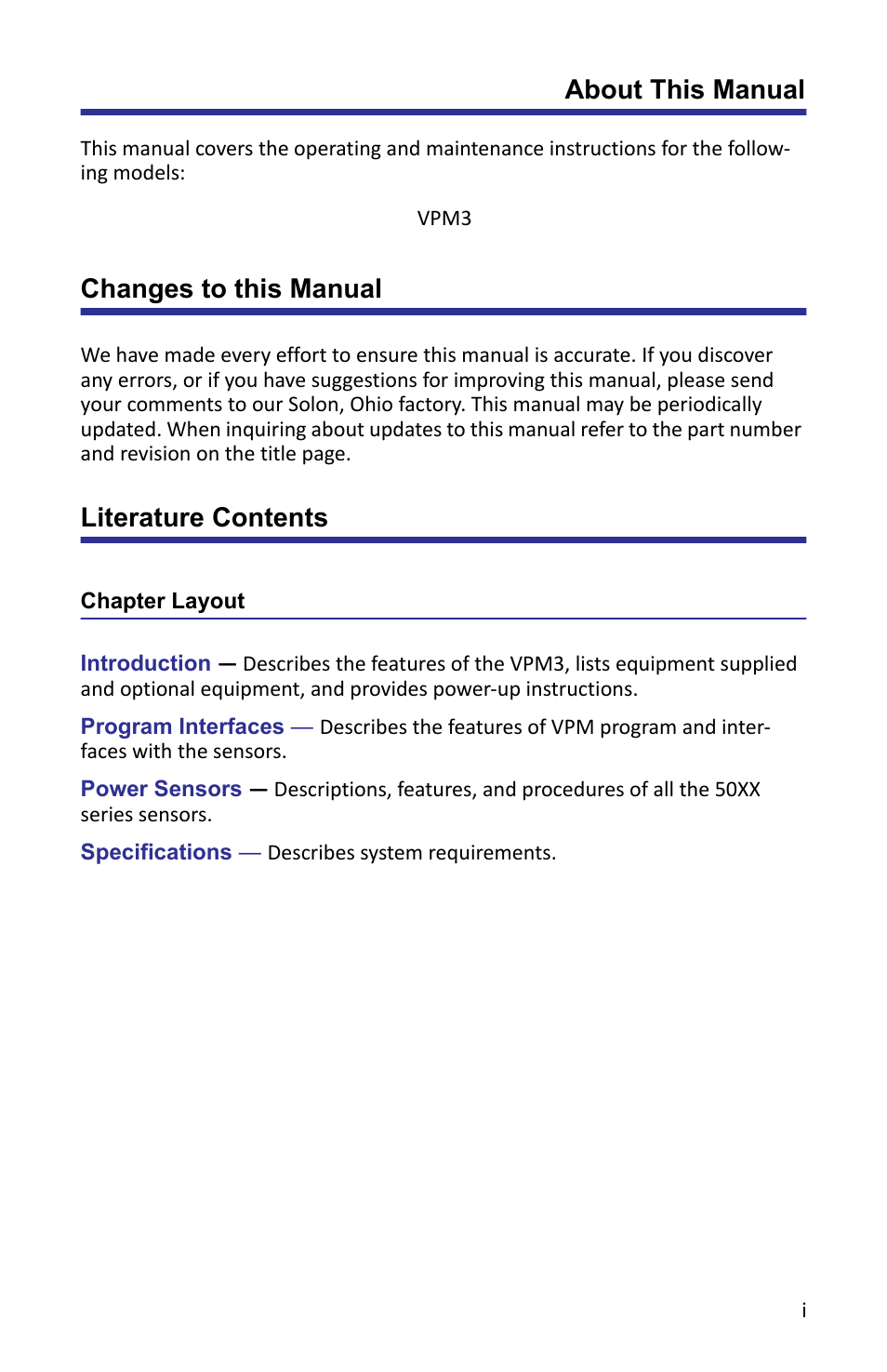 Changes to this manual, Literature contents, Chapter layout | Bird Technologies VPM3 User Manual | Page 3 / 64