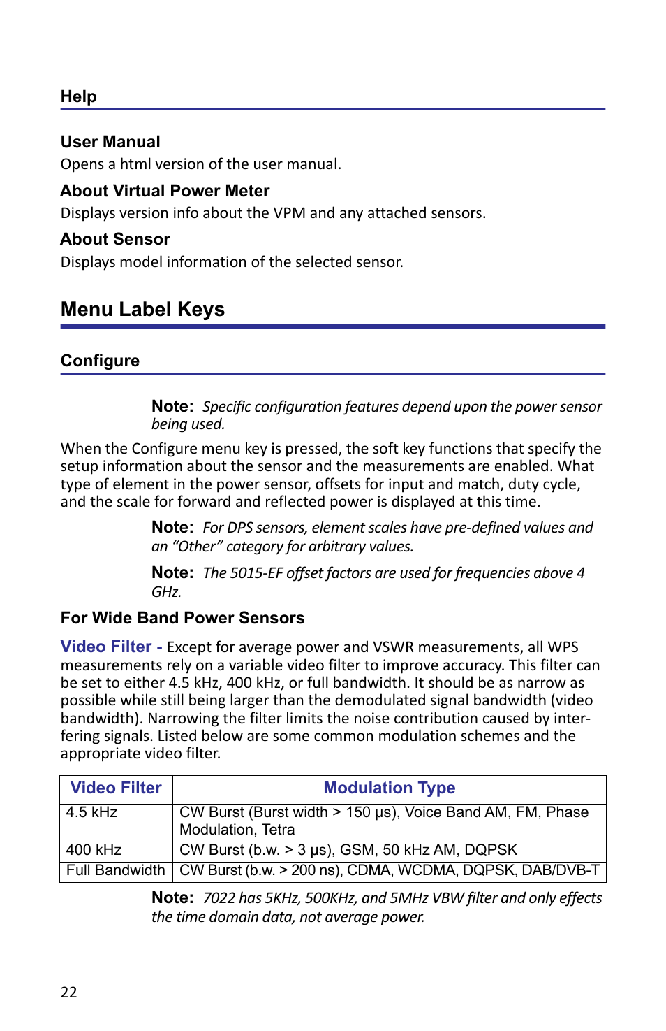 Help, User manual, About virtual power meter | About sensor, Menu label keys, Configure, For wide band power sensors, Figure 16 video filter settings, 300 khz signal | Bird Technologies VPM3 User Manual | Page 30 / 64