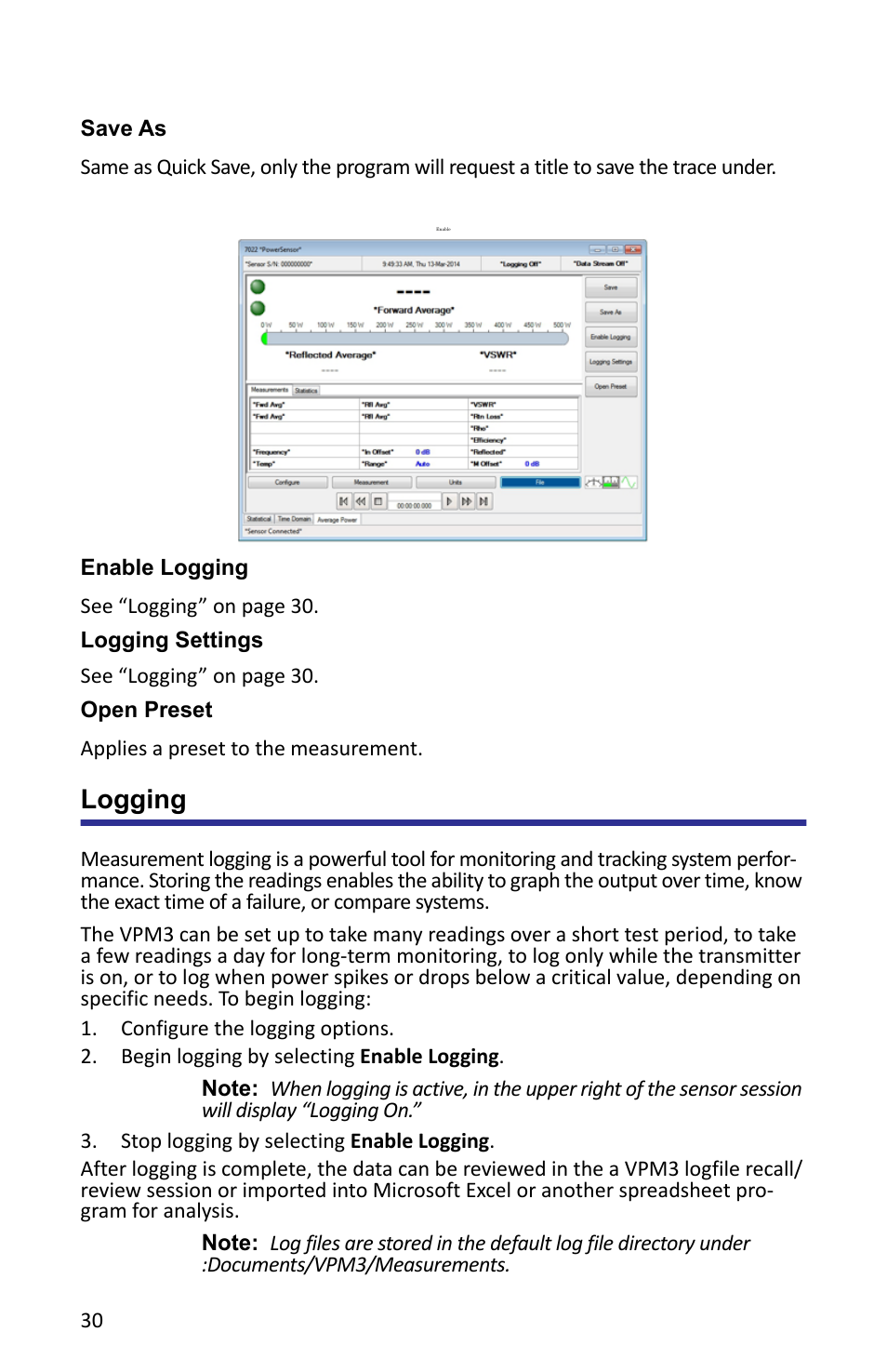 Save as, Figure 29 vpm, file, Enable logging | Open preset, Logging | Bird Technologies VPM3 User Manual | Page 38 / 64