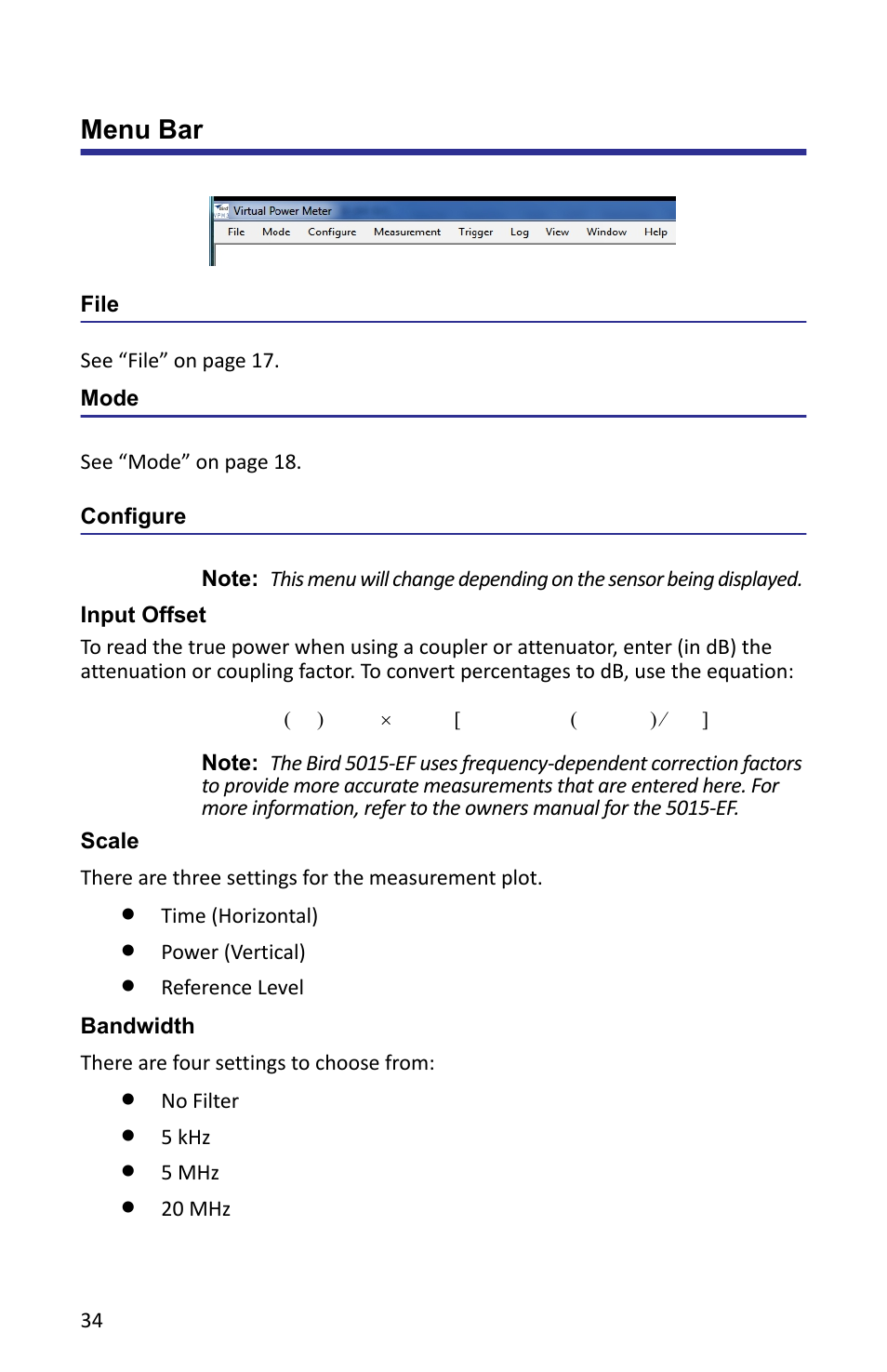 Menu bar, File, Mode | Configure, Input offset, Scale, Bandwidth, File mode configure | Bird Technologies VPM3 User Manual | Page 42 / 64