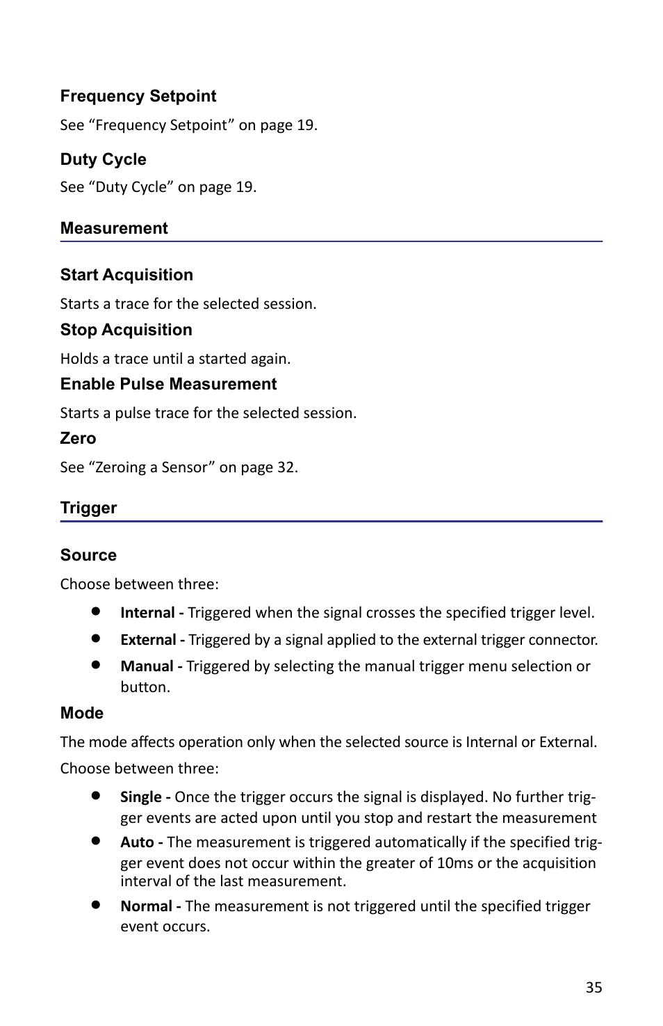Frequency setpoint, Duty cycle, Measurement | Start acquisition, Stop acquisition, Enable pulse measurement, Zero, Trigger, Source, Mode | Bird Technologies VPM3 User Manual | Page 43 / 64