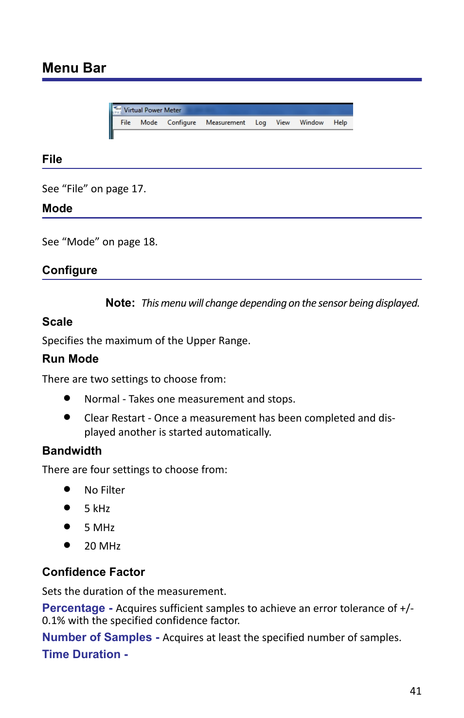 Menu bar, File, Mode | Configure, Scale, Run mode, Bandwidth, Confidence factor, File mode configure | Bird Technologies VPM3 User Manual | Page 49 / 64