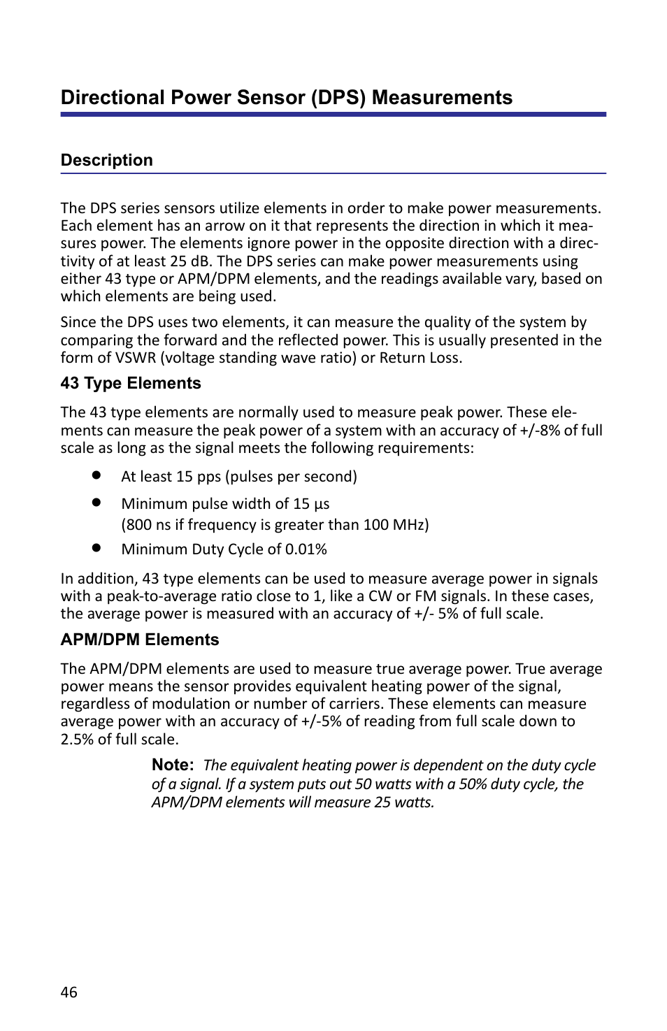 Directional power sensor (dps) measurements, Description, 43 type elements | Apm/dpm elements | Bird Technologies VPM3 User Manual | Page 54 / 64