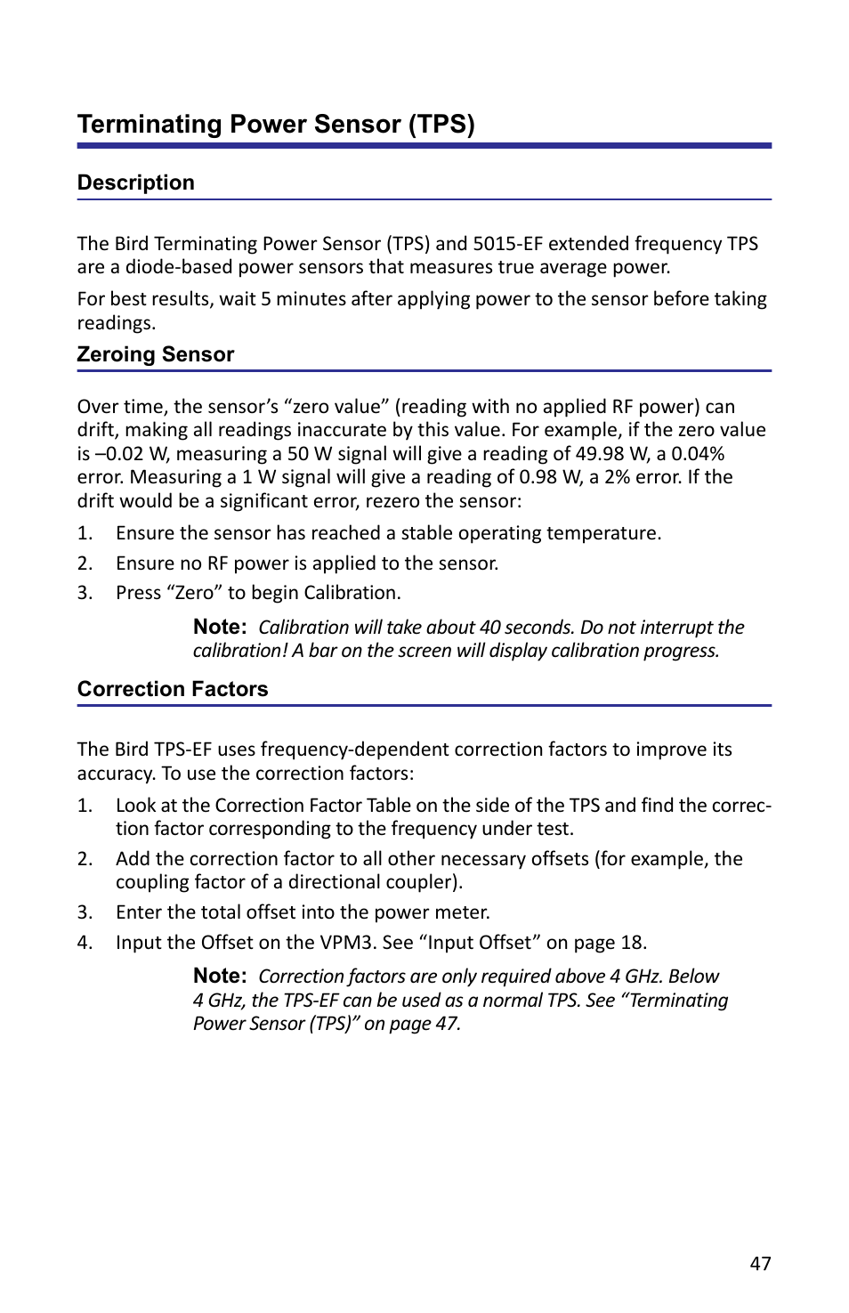 Terminating power sensor (tps), Description, Zeroing sensor | Correction factors, Description zeroing sensor correction factors | Bird Technologies VPM3 User Manual | Page 55 / 64