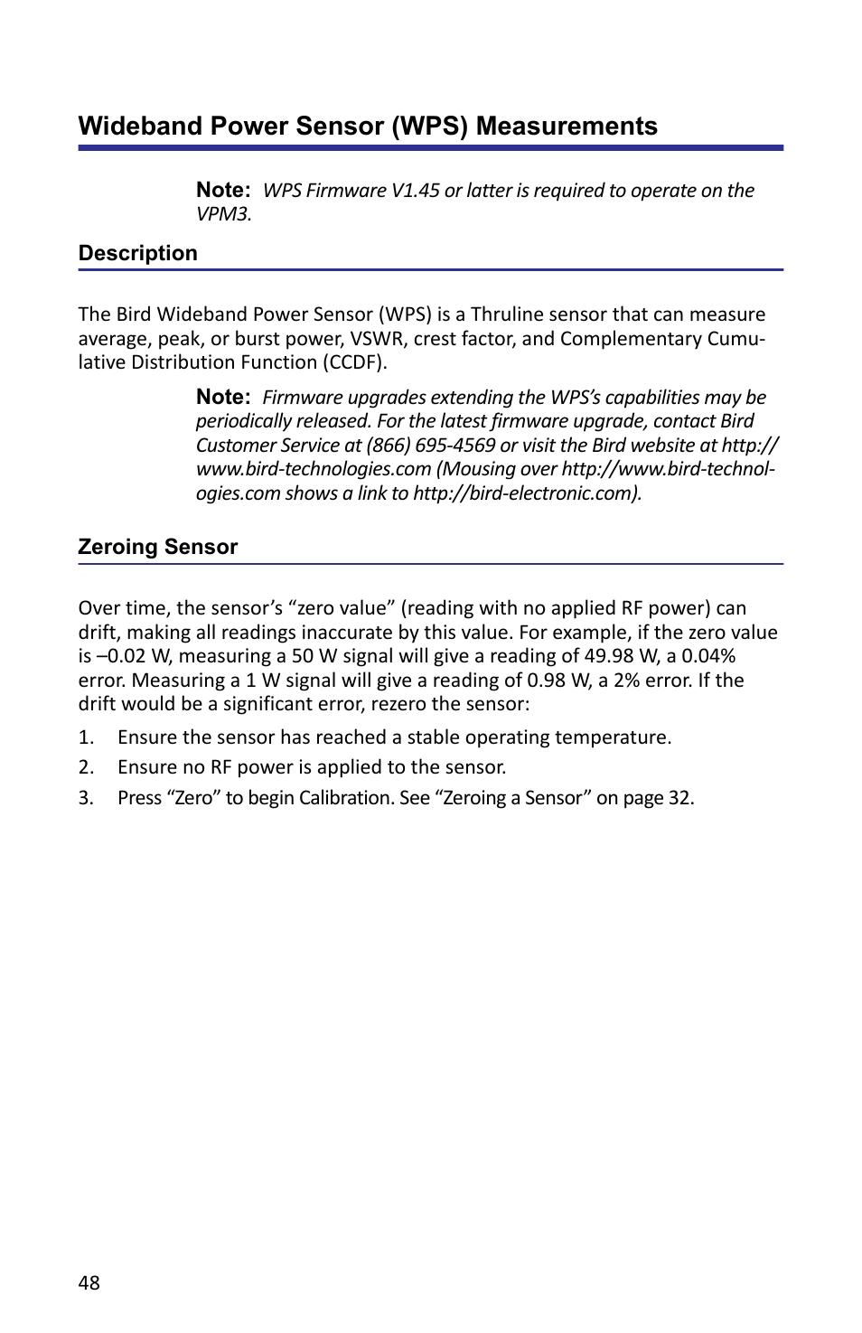 Wideband power sensor (wps) measurements, Description, Zeroing sensor | Description zeroing sensor | Bird Technologies VPM3 User Manual | Page 56 / 64