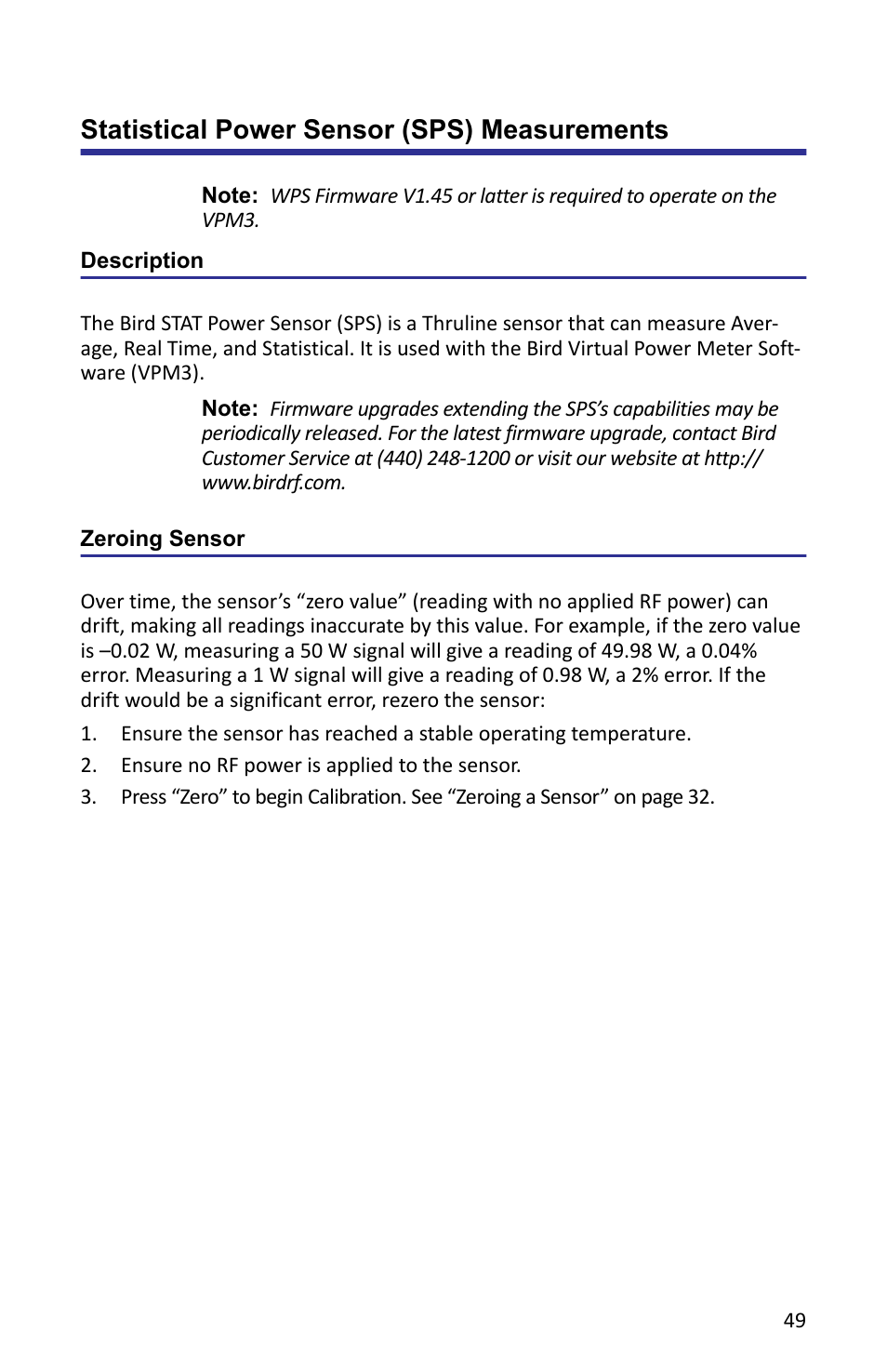 Statistical power sensor (sps) measurements, Description, Zeroing sensor | Description zeroing sensor | Bird Technologies VPM3 User Manual | Page 57 / 64